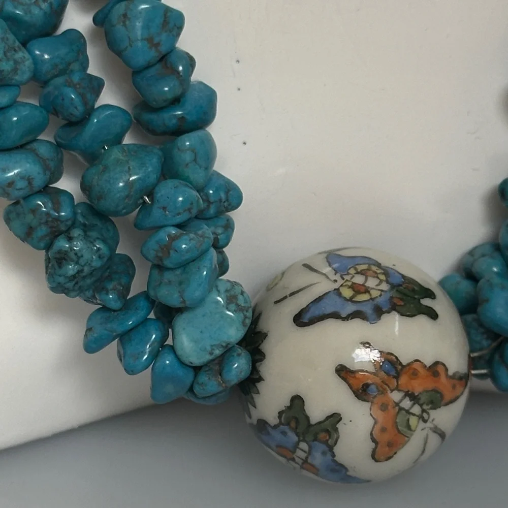 Turquoise and Cream  Coral ceramic boll Beaded Necklace